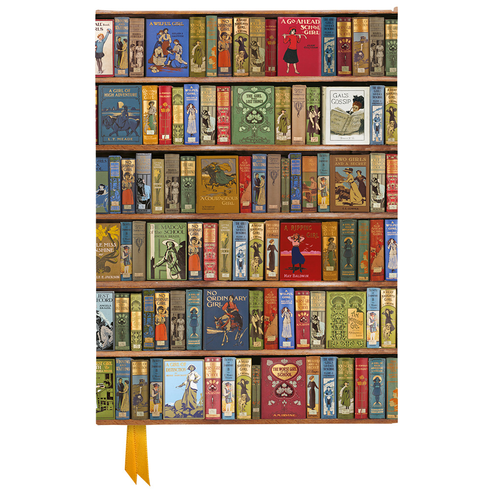 Bücherregal mit vielen bunten Buchcovern. Titel wie 'A Go Ahead School Girl' und 'A Ripping Girl' sind sichtbar.