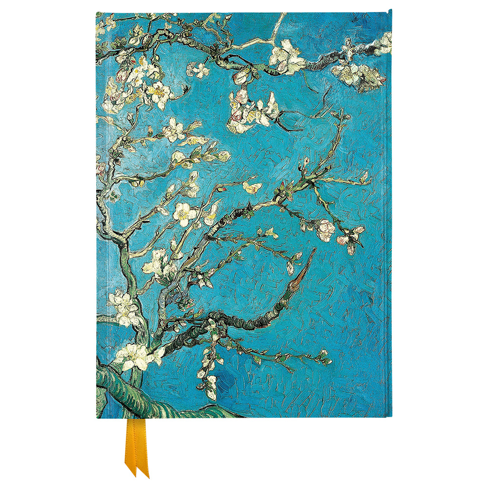 Notizbuch mit einem Cover in Blau. Abbildung von blühenden Zweigen auf hellem Hintergrund.