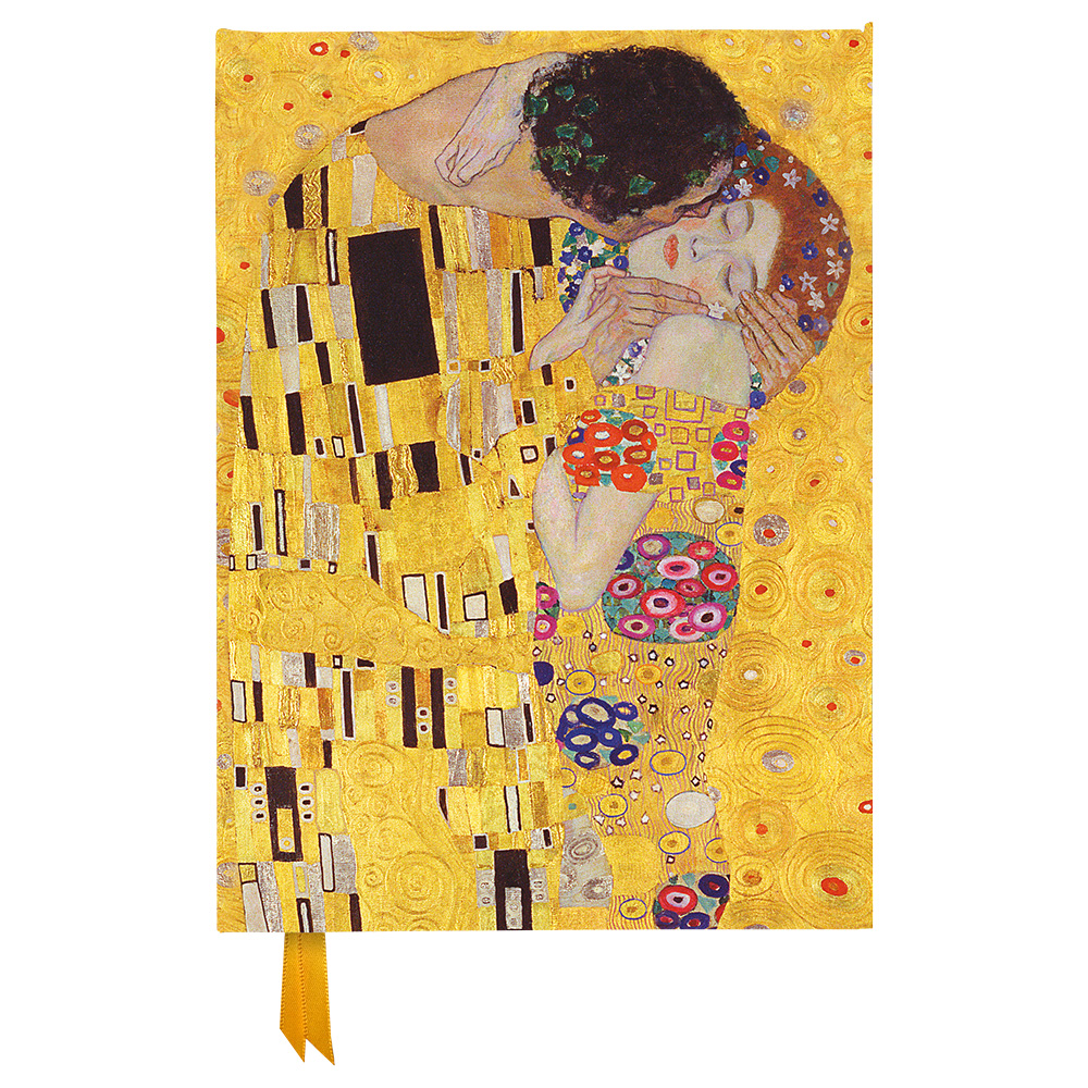 Gemälde mit einem Paar, das sich umarmt und küsst. Goldene und bunte Muster im Hintergrund.