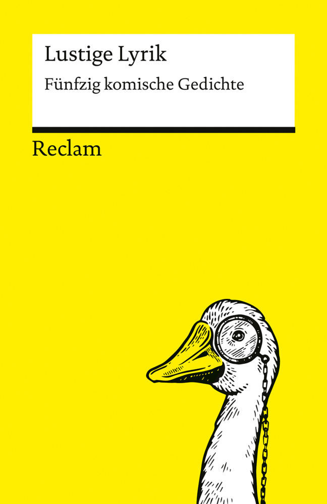 Buchcover mit dem Titel 'Lustige Lyrik'. Gelber Hintergrund mit einer gezeichneten Ente mit Brille.