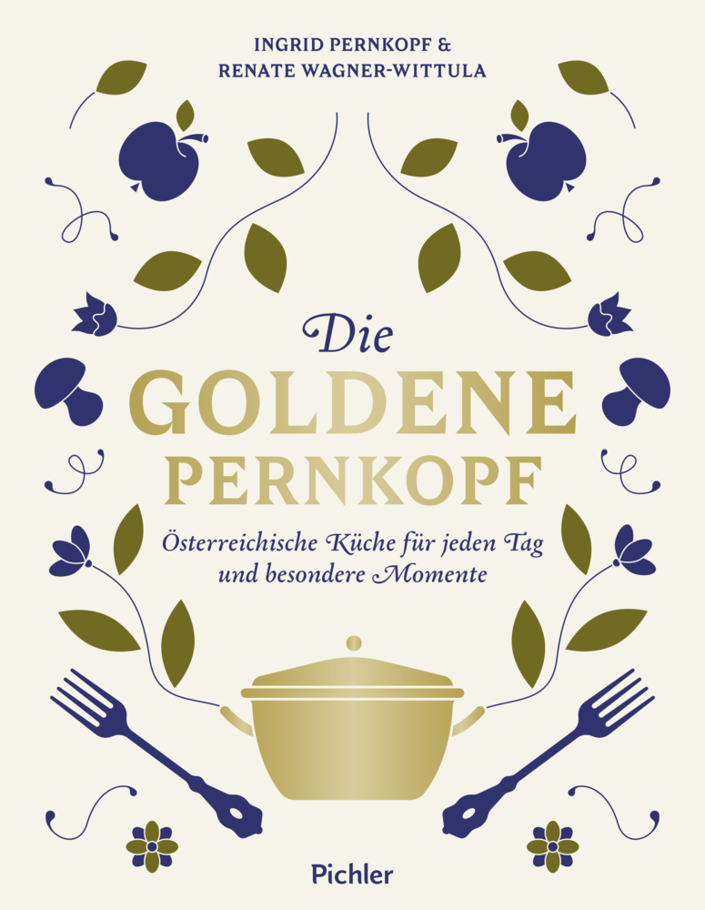 Buchcover mit dem Titel 'Die goldene Pernkopf'. Design mit floralen Elementen und einem Topf.