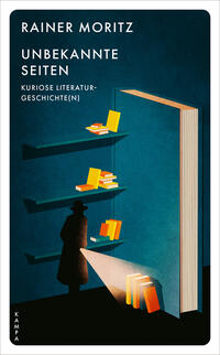 Buchcover mit dem Titel 'Unbekannte Seiten' von Rainer Moritz. Grafische Darstellung eines großen Buches und einer silhouettierten Person.