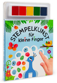 Buch mit dem Titel 'Stempelkunst für kleine Finger'. Enthält Fingerfarben und Illustrationen von Tieren und Pflanzen.