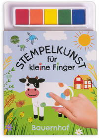 Buch mit dem Titel 'Stempelkunst für kleine Finger'. Auf dem Cover eine Kuh und bunte Stempelfarben.