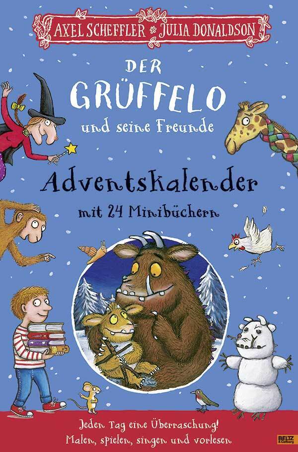 Buchcover mit dem Titel 'Der Grüffelo und seine Freunde'. Bunte Illustration mit verschiedenen Tieren und einem großen, grauen Grüffelo.