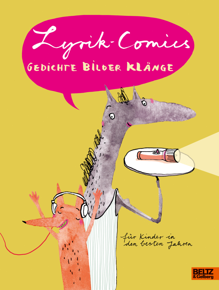 Buchcover mit dem Titel Lyrik-Comics. Illustrationen von einem Wolf und einem Fuchs, die Musik hören.