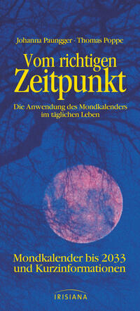 Buchcover mit dem Titel 'Vom richtigen Zeitpunkt'. Abbildung eines Mondes im Hintergrund, umgeben von Bäumen.