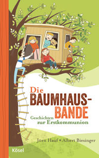 Buchcover mit dem Titel 'Die Baumhaus-Bande'. Kinder spielen in einem Baumhaus, fröhliche Farben.