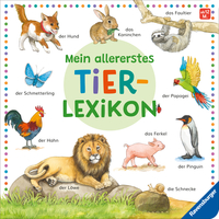 Buchcover mit dem Titel 'Mein allererstes Tier-Lexikon'. Illustrationen von verschiedenen Tieren wie Hund, Katze, Löwe und Vogel.