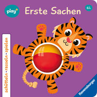 Buchcover mit einem orange gestreiften Tiger. Titel: Erste Sachen, spielerisches Design.