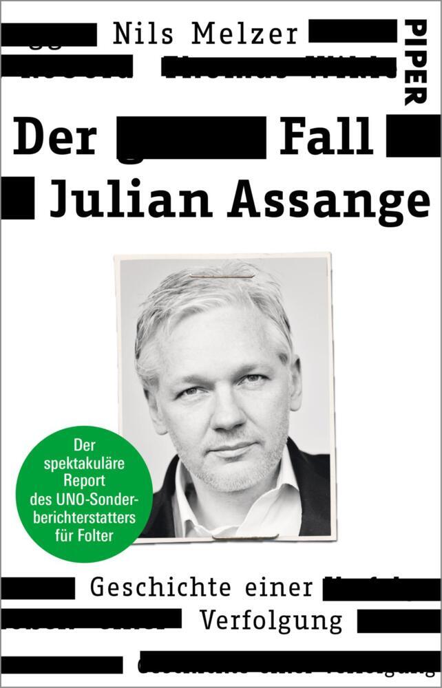 Buchcover mit dem Titel 'Der Fall Julian Assange'. Schwarz-weiße Gestaltung mit einem Porträt und einem grünen Aufkleber.