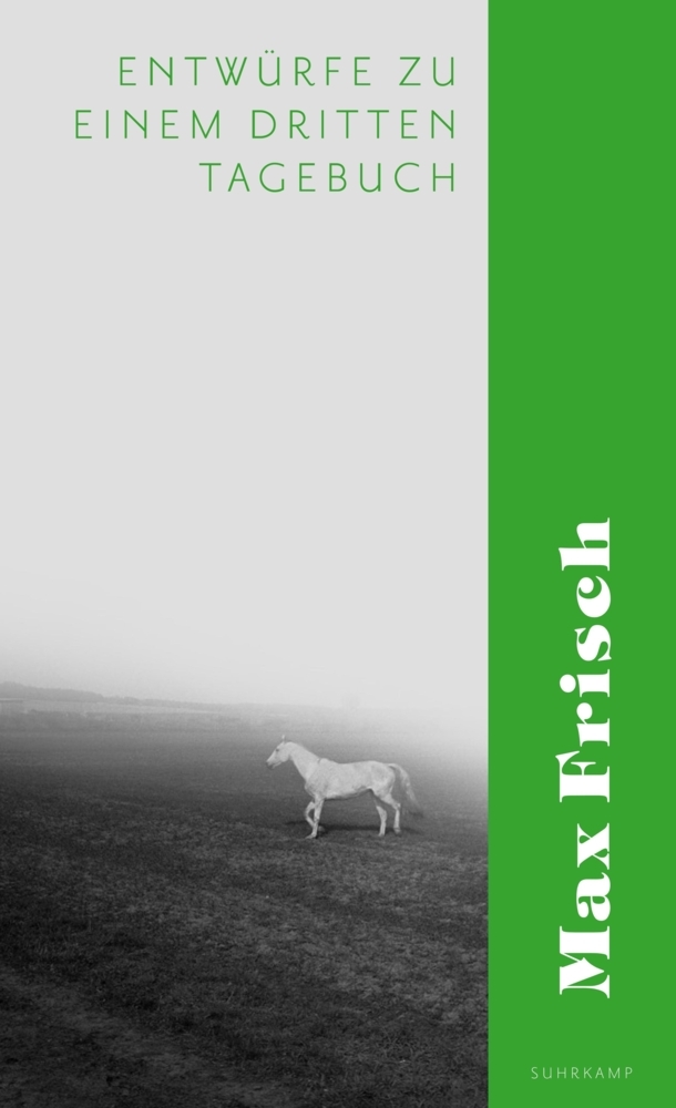Buchcover mit dem Titel 'Entwürfe zu einem dritten Tagebuch' von Max Frisch. Ein weißes Pferd auf grauem Hintergrund.