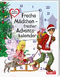 Adventskalender mit dem Titel 'Freche Mädchen - frecher Adventskalender'. Abgebildet sind ein Junge im Weihnachtsoutfit und ein Mädchen mit Flügeln.