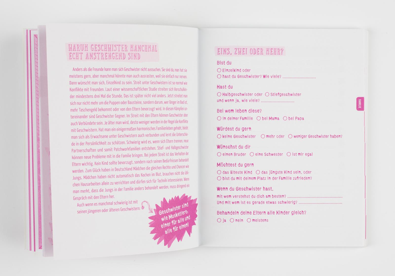 Buchseite mit pinkem Text über Geschwister und deren Herausforderungen. Fragen zur Geschwisterbeziehung sind aufgelistet.