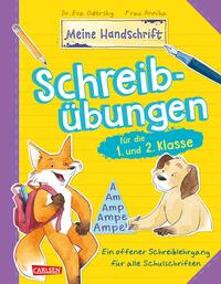 Buchcover mit dem Titel Schreibübungen für die 1. und 2. Klasse. Illustrationen von Tieren und buntem Hintergrund.