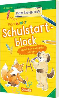 Buchcover mit dem Titel Mein bunter Schulstart-block. Abgebildet sind ein Hund und ein Eichhörnchen, umgeben von bunten Stiften.