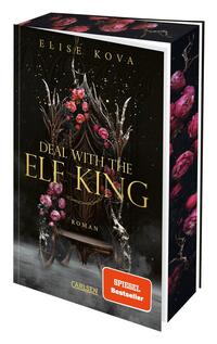 Buchcover von 'Deal with the Elf King' von Elise Kova. Dunkler Hintergrund mit goldener Schrift und floralen Elementen.
