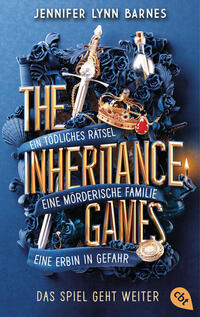 Buchcover von 'The Inheritance Games'. Dunkler Hintergrund mit goldenen Schriftzügen und dekorativen Elementen.
