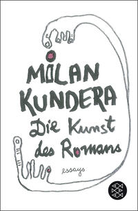 Buchcover mit dem Titel 'Die Kunst des Romans' von Milan Kundera. Grafische Darstellung mit geschwungenen Linien und Händen.