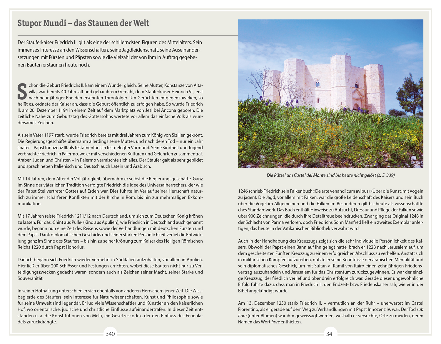 Text über Stauferkaiser Friedrich II. und seine Bedeutung im Mittelalter. Abbildung eines historischen Bauwerks im Hintergrund.