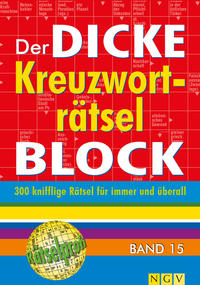 Buchcover mit rotem Hintergrund. Titel: Der Dicke Kreuzwortraetsel Block, Band 15.