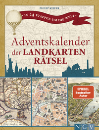 Buchcover mit dem Titel 'Adventskalender der Landkarten Rätsel'. Enthält historische Karten und eine Luftballon-Illustration.