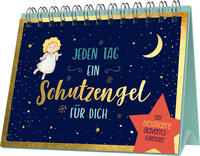 Kalender mit dem Titel 'Jeden Tag ein Schutzengel für dich'. Hintergrund in Blau mit einem Engel und Sternen.