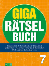 Buchcover mit grünem und orangefarbenem Hintergrund. Titel: 'GIGA RÄTSELBUCH 7'. Enthält verschiedene Rätselarten wie Kreuzworträtsel und Bilderrätsel.