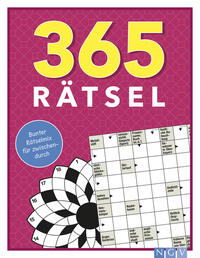 Buchcover mit dem Titel '365 Rätsel'. Hintergrund in Pink, mit einem Rätselgitter und einem dekorativen Muster.