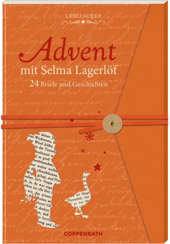 Buchcover mit dem Titel 'Advent mit Selma Lagerlöf'. Orange Hintergrund mit Silhouetten eines Kindes und einer Gans.