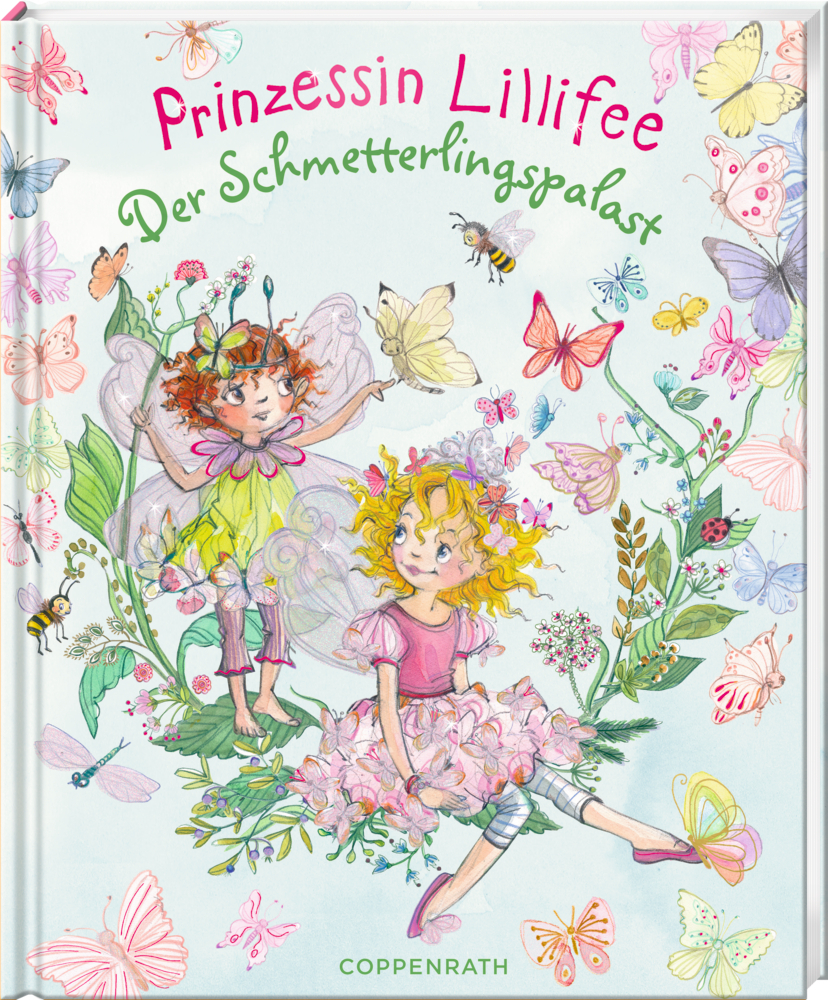 Buchcover mit dem Titel 'Prinzessin Lillifee - Der Schmetterlingspalast'. Zwei Feen umgeben von bunten Schmetterlingen und Blumen.