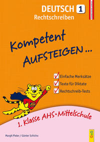 Buchcover mit dem Titel 'Deutsch 1 Rechtschreiben'. Gelber Hintergrund, ein cartoonartiger Löwe und Aufzählung von Inhalten.