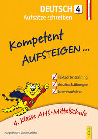 Buchcover mit dem Titel 'Deutsch 4 Aufsätze schreiben'. Gelber Hintergrund mit einem cartoonhaften Löwen.