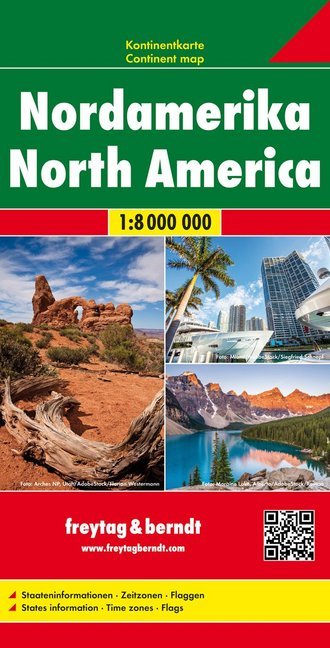 Karte von Nordamerika im Maßstab 1:8.000.000. Bilder von Landschaften und Städten.