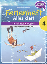 Buchcover mit dem Titel Ferienheft Alles klar. Illustration von Unterwasserwelt mit schwimmenden Figuren und Zahlen.