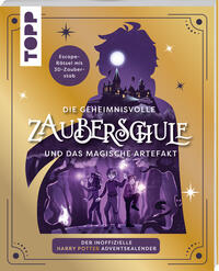 Buchcover mit dem Titel 'Die geheimnisvolle Zauberschule und das magische Artefakt'. Silhouette einer Person vor einer Schlosslandschaft.