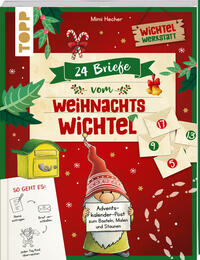 Buchcover mit dem Titel '24 Briefe vom Weihnachts Wichtel'. Illustration eines Wichtels und Briefumschlägen auf rotem Hintergrund.