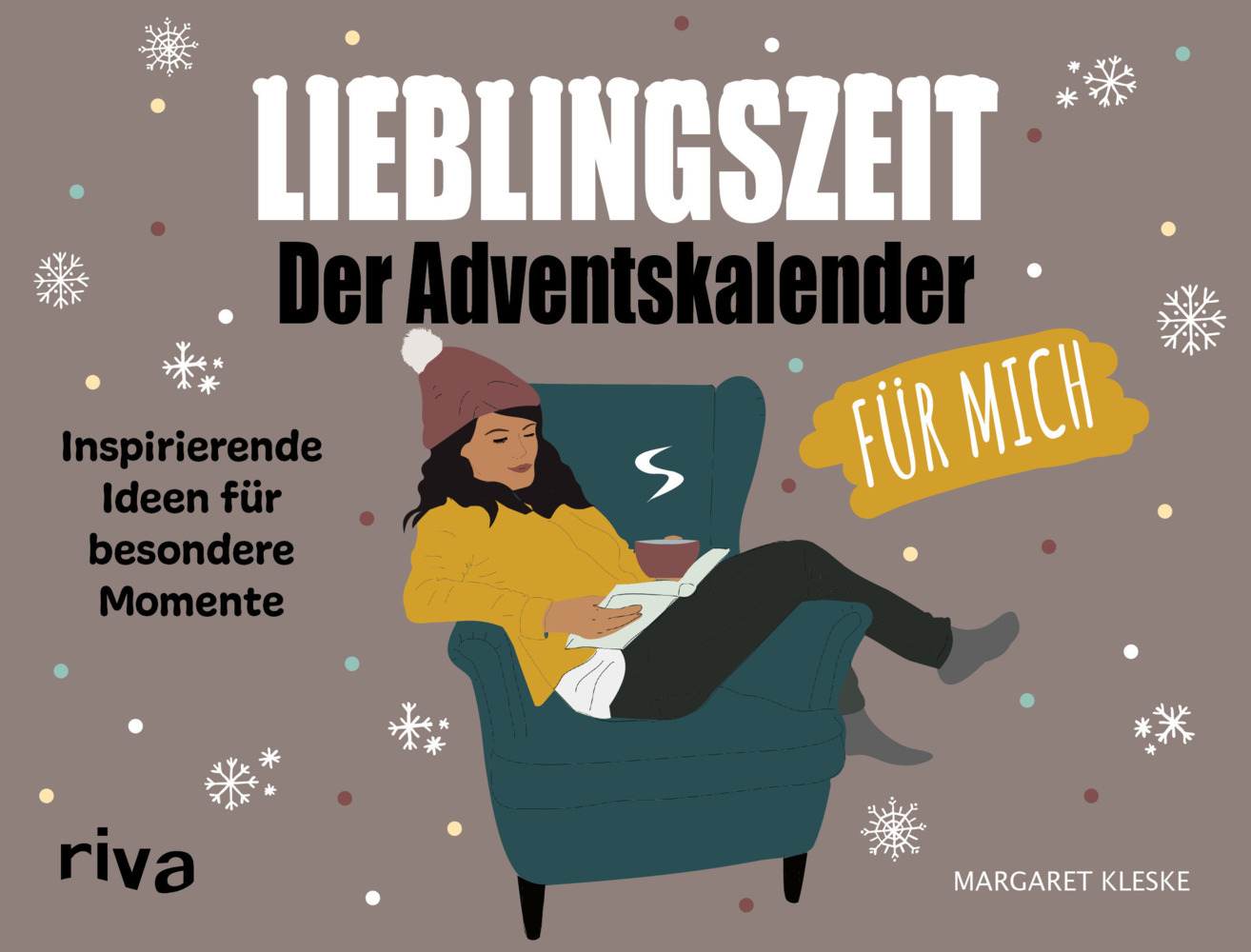 Buchcover mit dem Titel 'Lieblingszeit Der Adventskalender für mich'. Illustration einer Person in einem Sessel mit einer Tasse und einem Notizbuch.