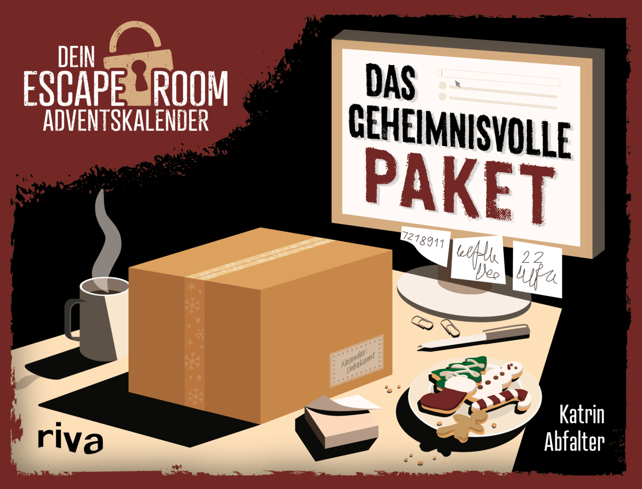 Cover für einen Escape Room Adventskalender. Titel: Das geheimnisvolle Paket, mit einem Paket und einer Tasse Kaffee.
