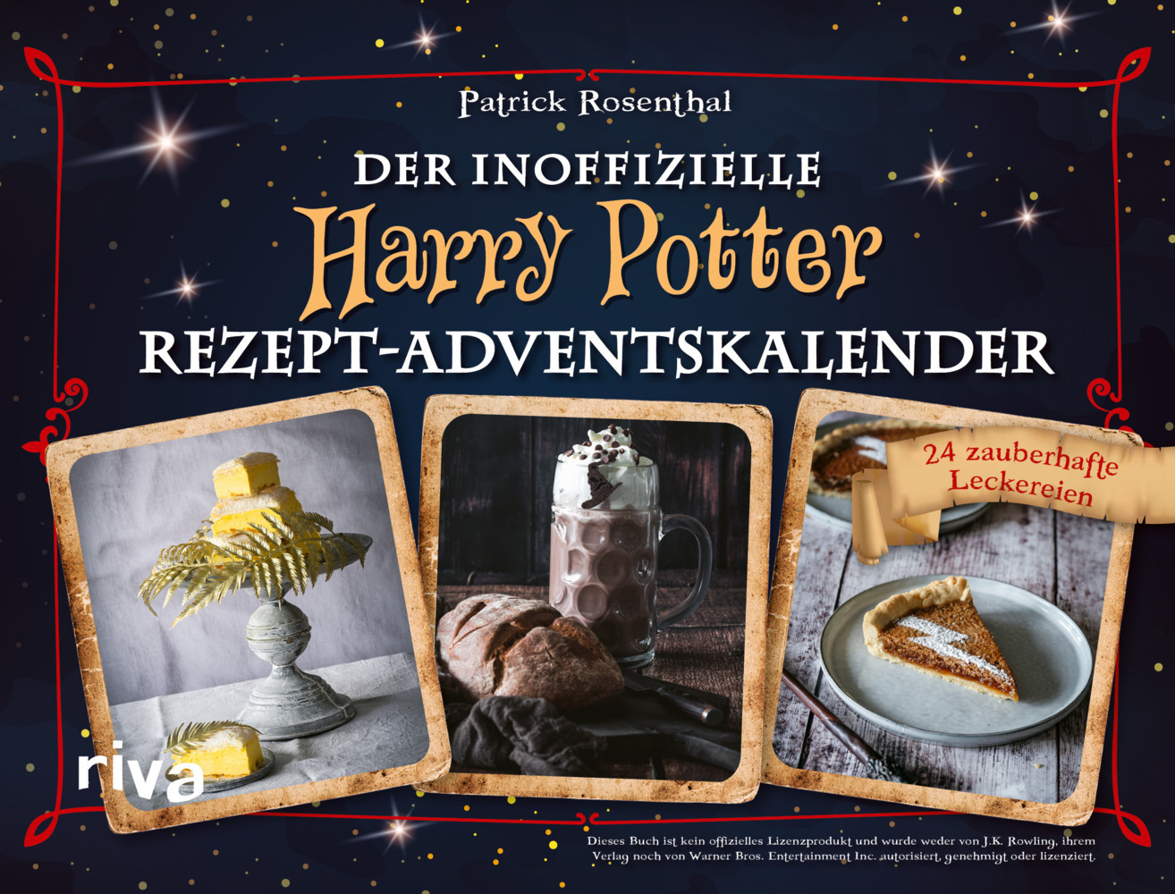Buchcover mit dem Titel 'Der inoffizielle Harry Potter Rezept-Adventskalender'. Bilder von verschiedenen Leckereien und einem dekorativen Hintergrund.