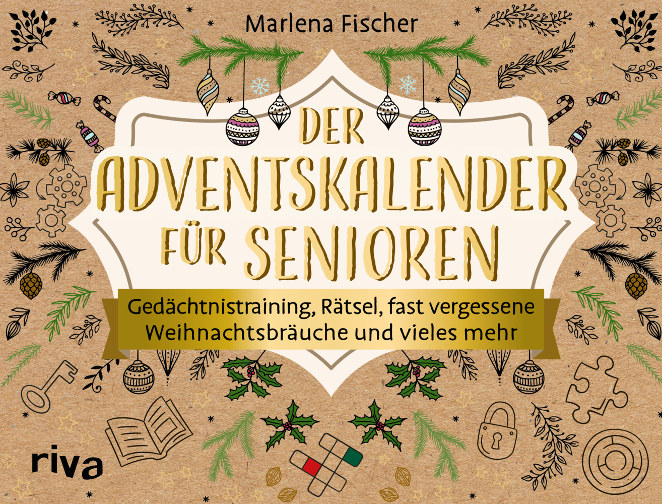 Buchcover mit dem Titel 'Der Adventskalender für Senioren'. Dekorative Weihnachtsmotive und goldene Schrift.