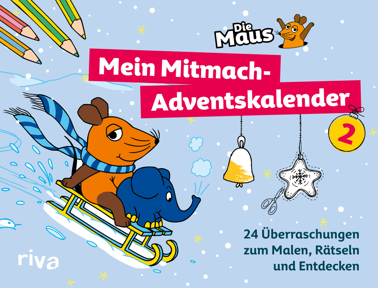 Buchcover für 'Mein Mitmach-Adventskalender 2'. Illustrationen von einer Maus und einem Elefanten auf einem Schlitten.