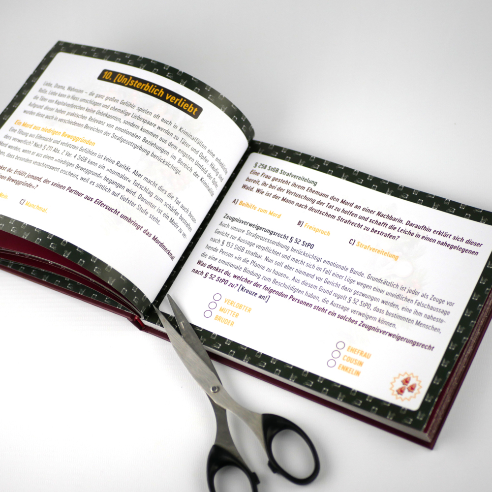 Ein offenes Buch mit dem Titel 'Unsterblich verliebt'. Es enthält Fragen und Informationen zu rechtlichen Themen.