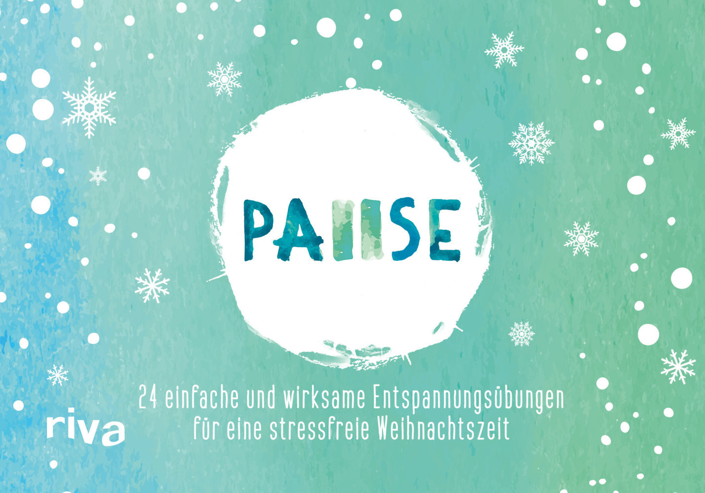 Buchcover mit dem Titel 'PAUSE'. Hintergrund in sanften Farben mit Schneeflocken und einem Kreis um den Titel.