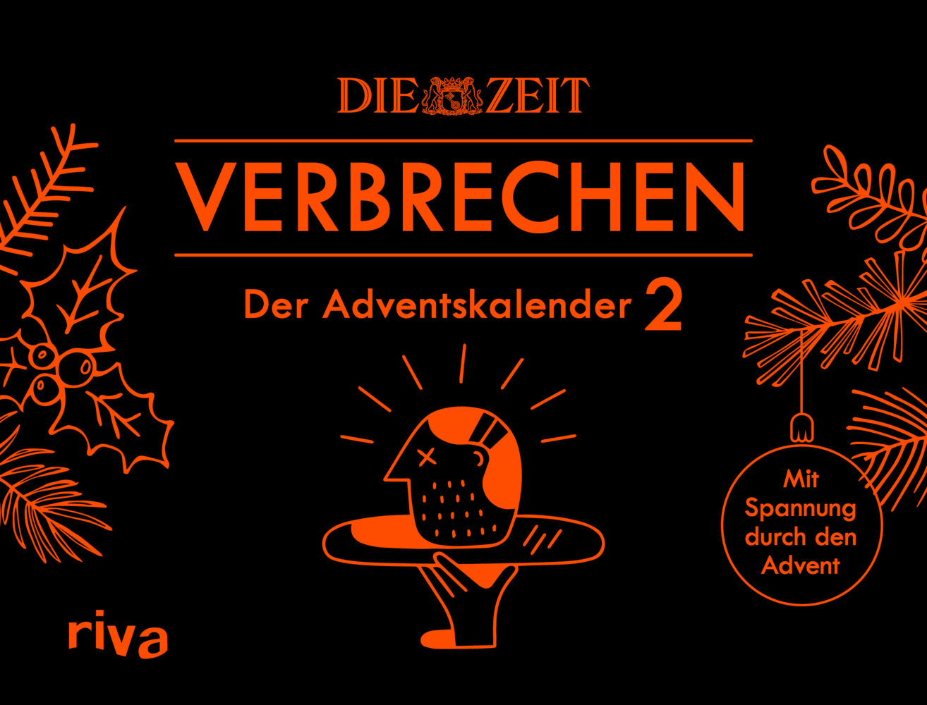 Schwarzes Cover mit orangefarbenem Titel 'VERBRECHEN'. Adventskalender mit weihnachtlichen Motiven.