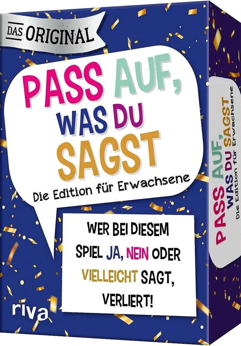 Spielbox mit buntem Design. Titel: 'PASS AUF, WAS DU SAGST'. Edition für Erwachsene. Hinweis: Wer 'JA', 'NEIN' oder 'VIELLEICHT' sagt, verliert.