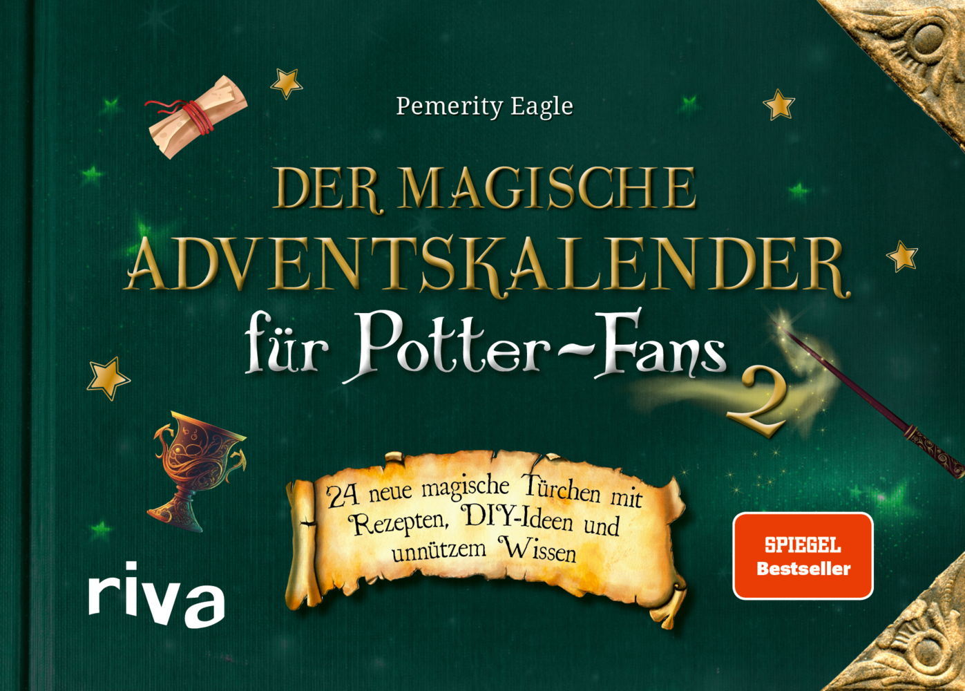 Buchcover mit dem Titel 'Der magische Adventskalender für Potter-Fans 2'. Grüner Hintergrund mit goldenen und weißen Schriftzügen sowie verschiedenen magischen Symbolen.