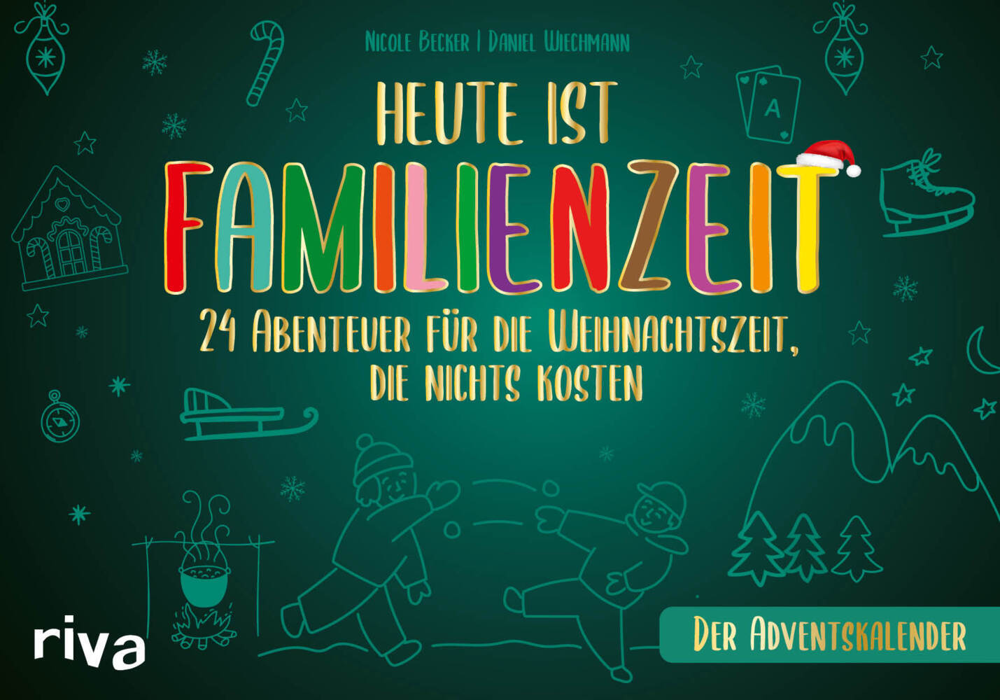 Buchcover mit dem Titel 'Heute ist Familienzeit'. Illustrationen von winterlichen Motiven und zwei spielenden Kindern.