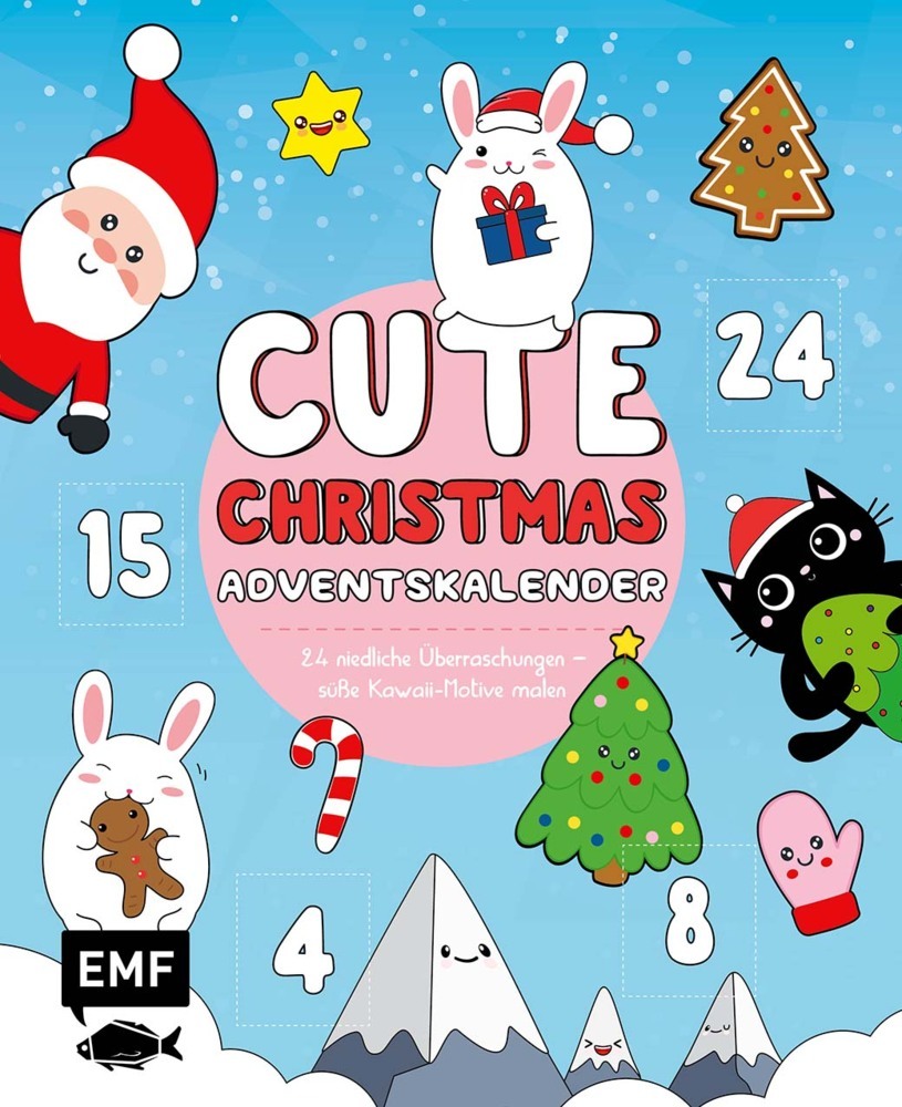 Adventskalender mit dem Titel 'Cute Christmas'. Bunte, niedliche Motive wie Weihnachtsmann, Hasen und Weihnachtsbaum.