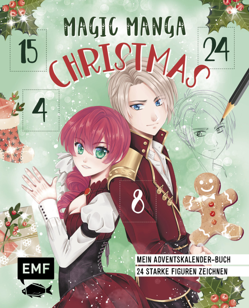 Buchcover mit dem Titel 'Magic Manga Christmas'. Zwei Manga-Charaktere, festliche Elemente wie Geschenke und Weihnachtsdekoration.
